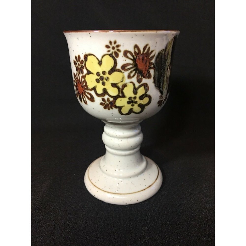 Otagiri 1970s Goblets & Carafe Set Wine Chalice Stoneware Pansy Floral Footed - Picture 3 of 12